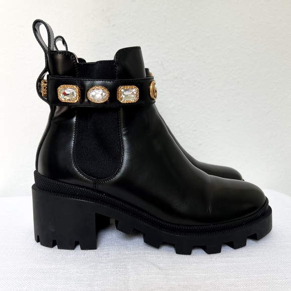 Gucci Leather Trip Leather Ankle Chelsea Boot with Jewels Belt - Picture 5 of 10